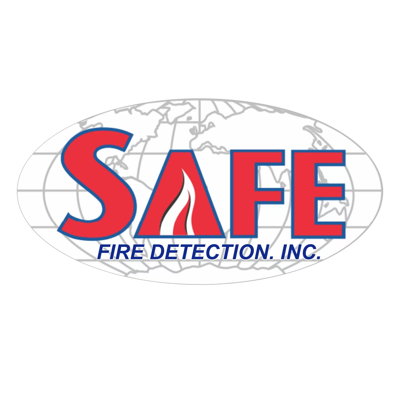 SAFE Fire Detection. Inc. logo: logotipo con las letras "SAFE" sobre un mapa mundial.
